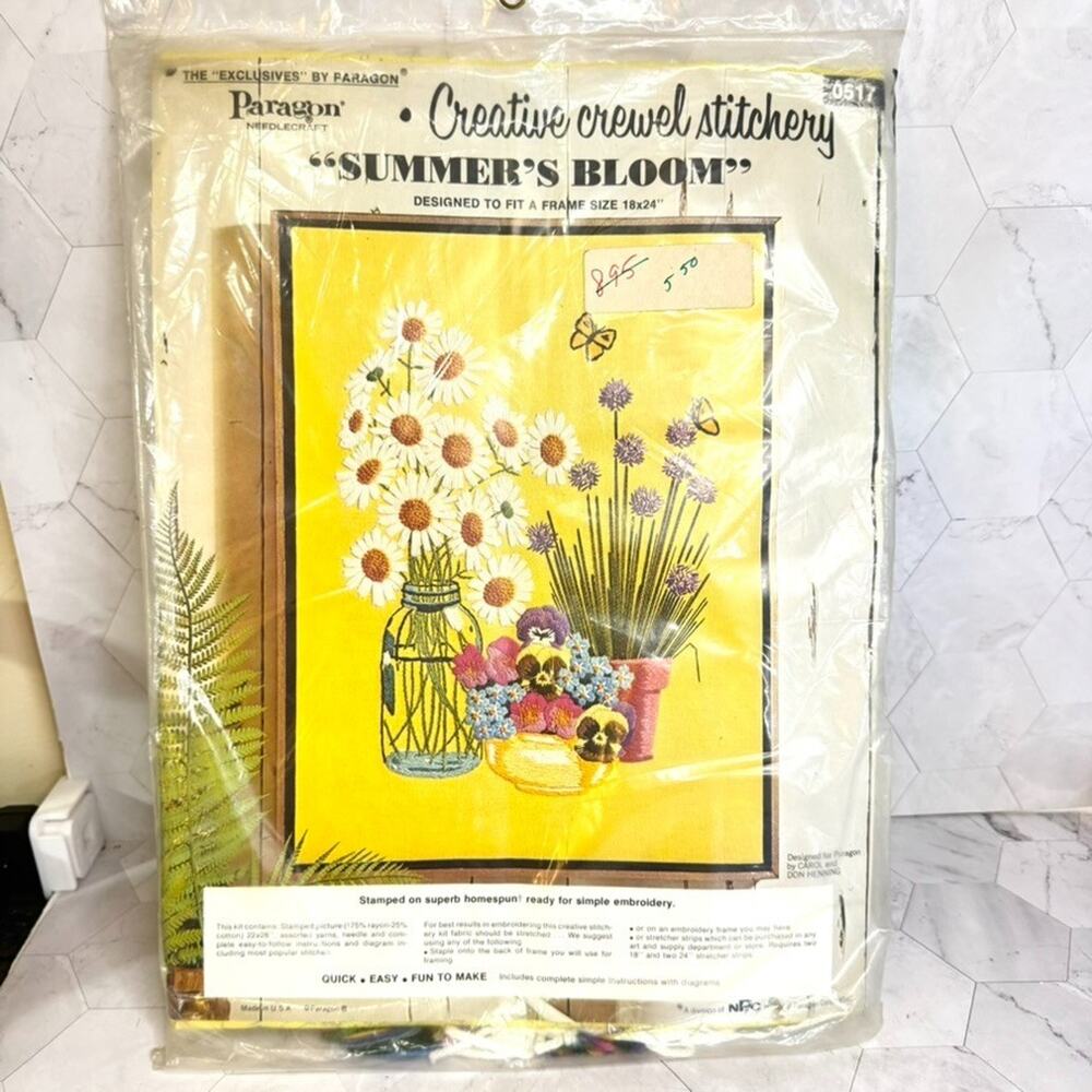 NOS Vtg Paragon Crewel Stitchery Kit SUMMER'S BLOOM Floral Embroidery #0517 RARE
